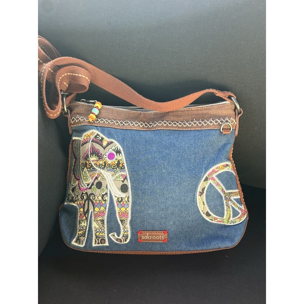 Sakroots Denim Elephant Peace Sign Crossbody Bag Embroidered Purse Festival
